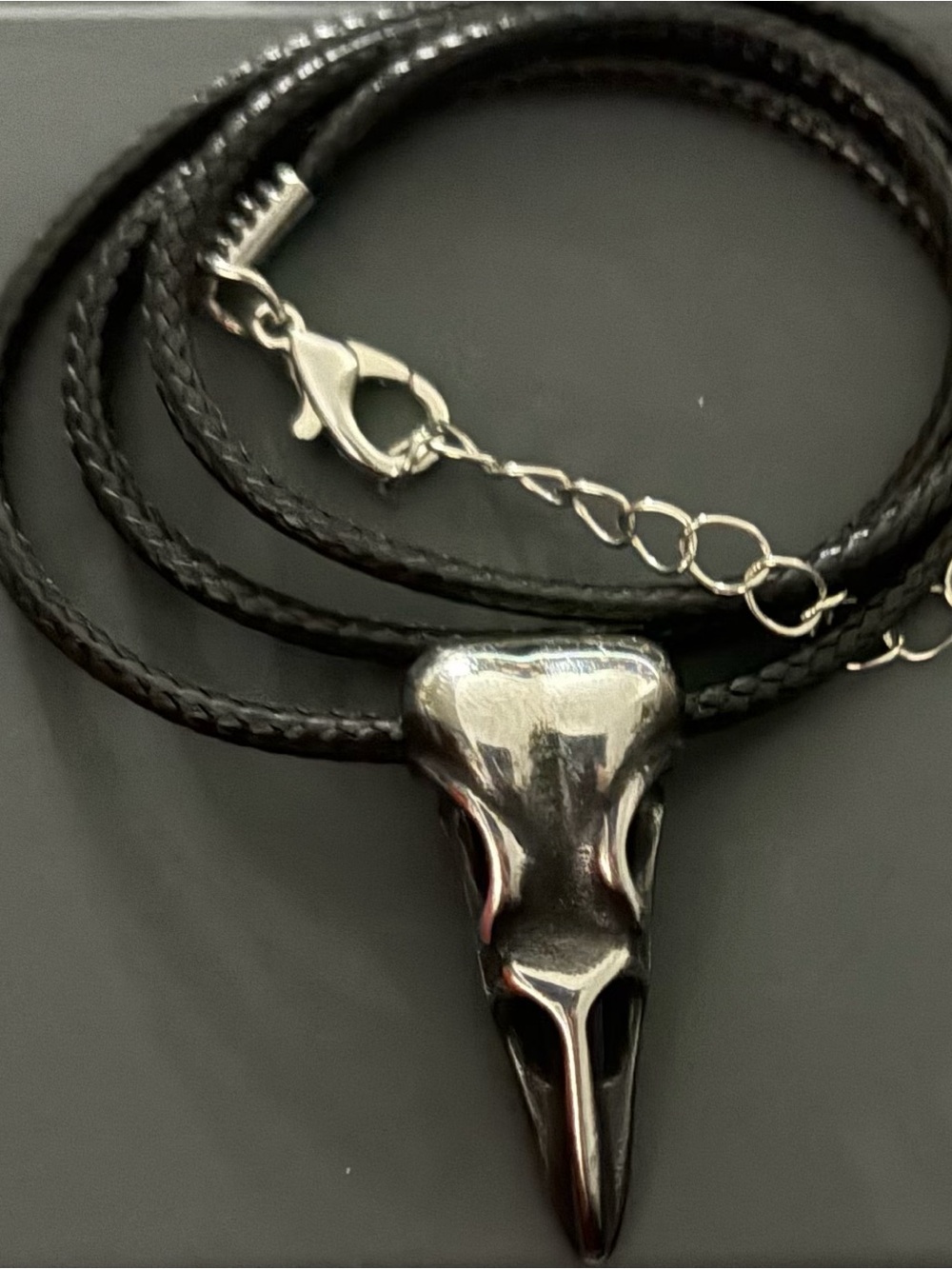Men's Black Leather Necklace with Silver Bird Skull Pendant
